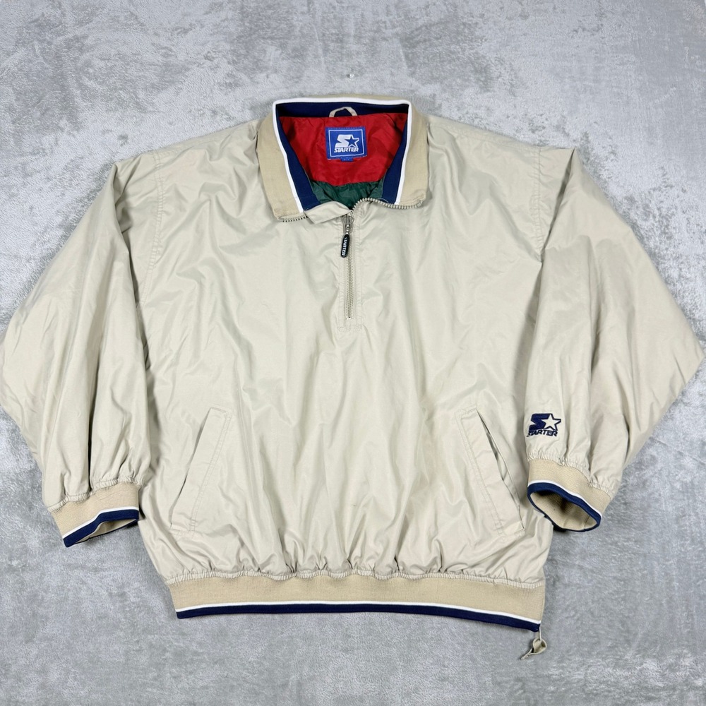 Vintage Starter Mens 2XL Windbreaker Tan Quarter Zip Jacket